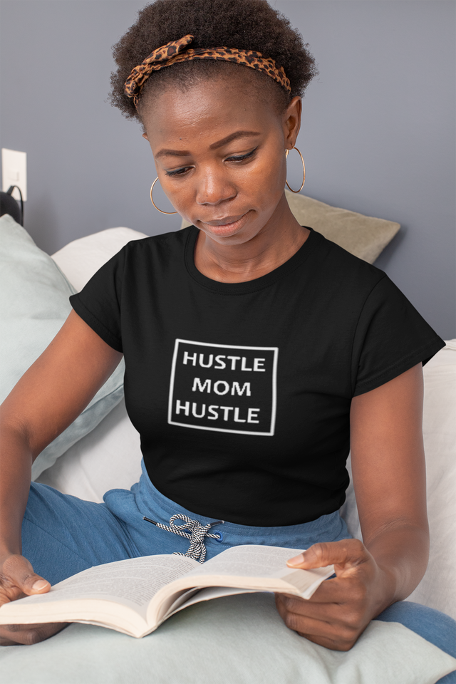 Hustle.Mom.Hustle Black Tee with White Brand.