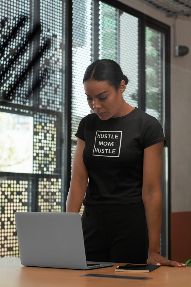 Hustle.Mom.Hustle Black Tee with White Brand.